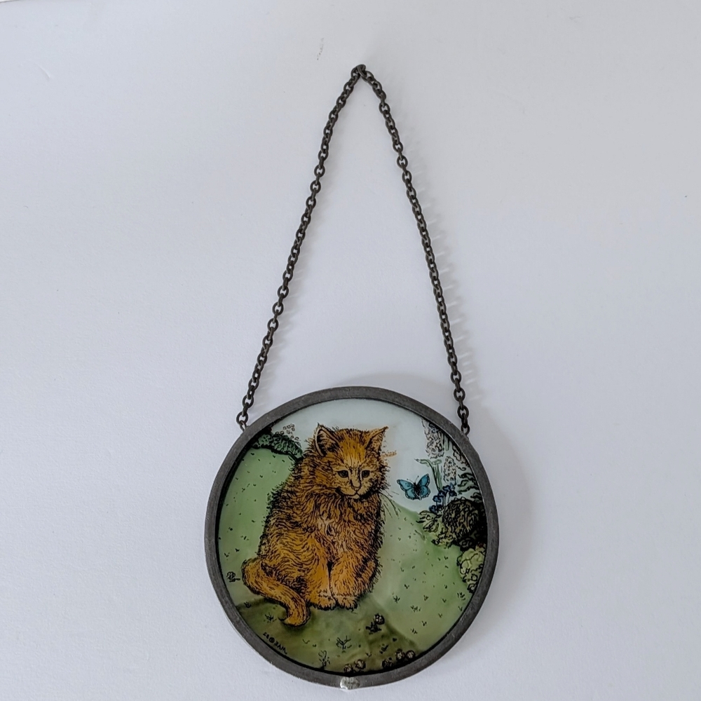 Vintage Glass Cat And Butterfly Scene Window Hanging Decor